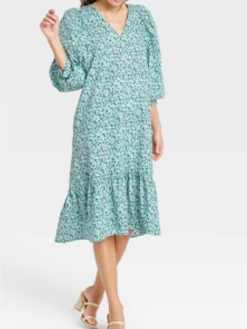 Mint Lavender and Navy Floral V-Neck Tiered Midi Dress with puffy sleeve.Medium